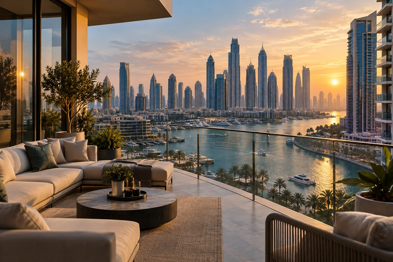 Premium residential development and Dubai skyline at sunset