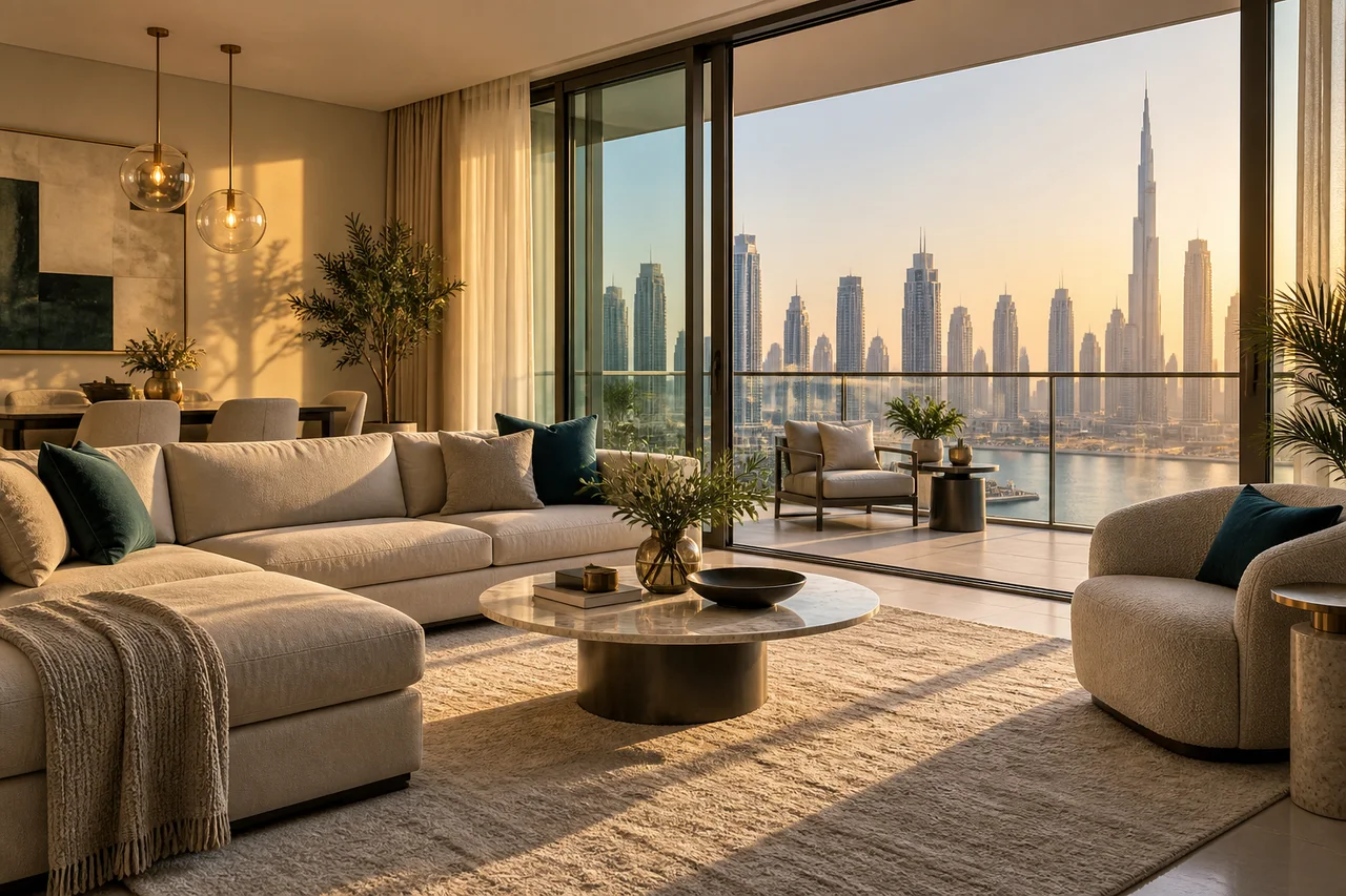 Sunlit luxury apartment overlooking the Dubai skyline